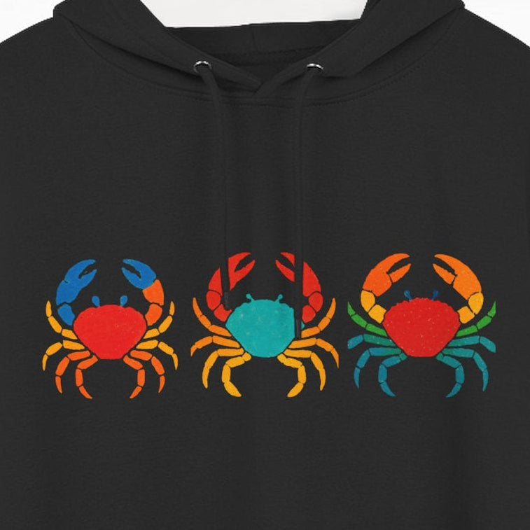 Black hoodie with colorful crab design on a hanger against a white background