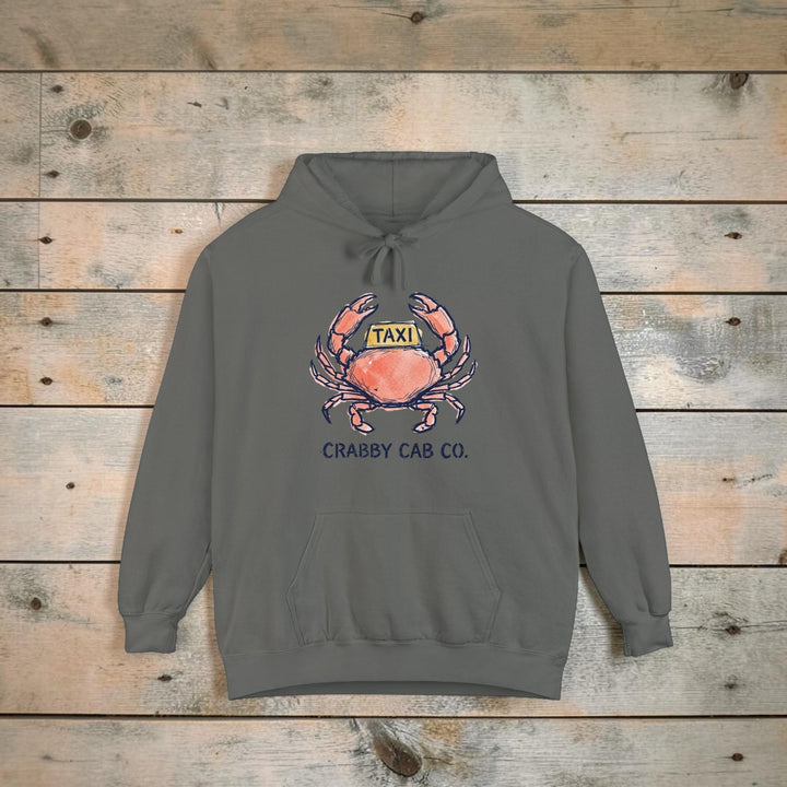 Gray hoodie with a crab graphic and &