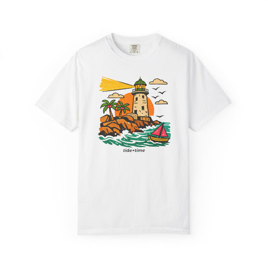 Lighthouse Atlantic Coast Summer Graphic T-Shirt - Caribbean Style Illustration Beach Tee
