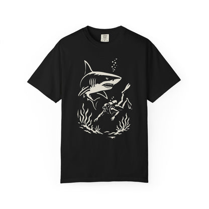 Shark Diver Garment-Dyed Graphic Tee, Ocean Lover Shirt, Beachwear for Him, Gift for Divers, Summer T-shirt, Adventure Apparel