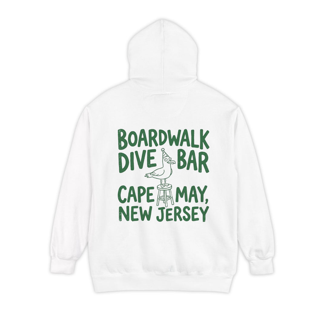 White hoodie with green text and graphic on the back on a white background