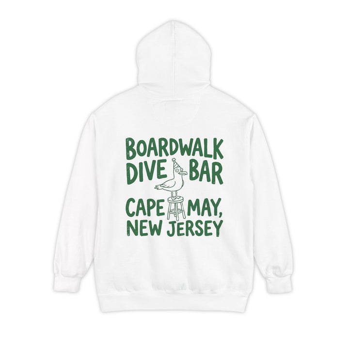 White hoodie with green text and graphic on the back on a white background
