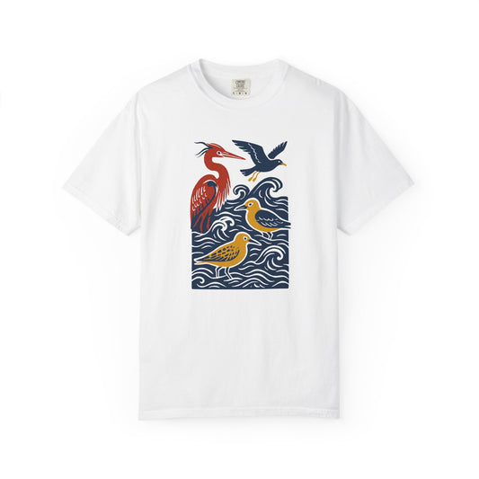 Ocean-Inspired Garment-Dyed Bird T-Shirt for Nature Lovers, Eco-Friendly Tee, Casual Wear, Gift for Bird Watchers, Summer Fashion