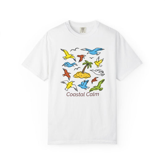 Coastal Calm Unisex Garment-Dyed T-shirt, Sea Birds Take Flight Graphic Summer Tee