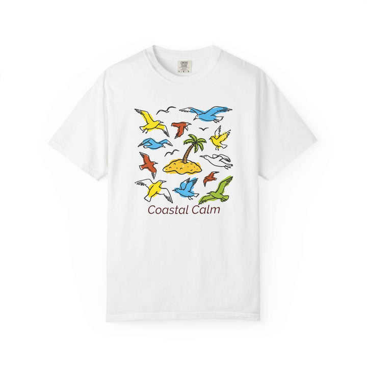Coastal Calm Unisex Garment-Dyed T-shirt, Sea Birds Take Flight Graphic Summer Tee