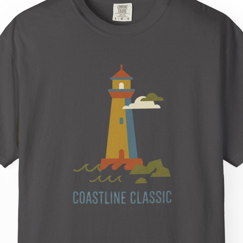 Gray t-shirt with a lighthouse graphic and 'Coastline Classic' text on a white background