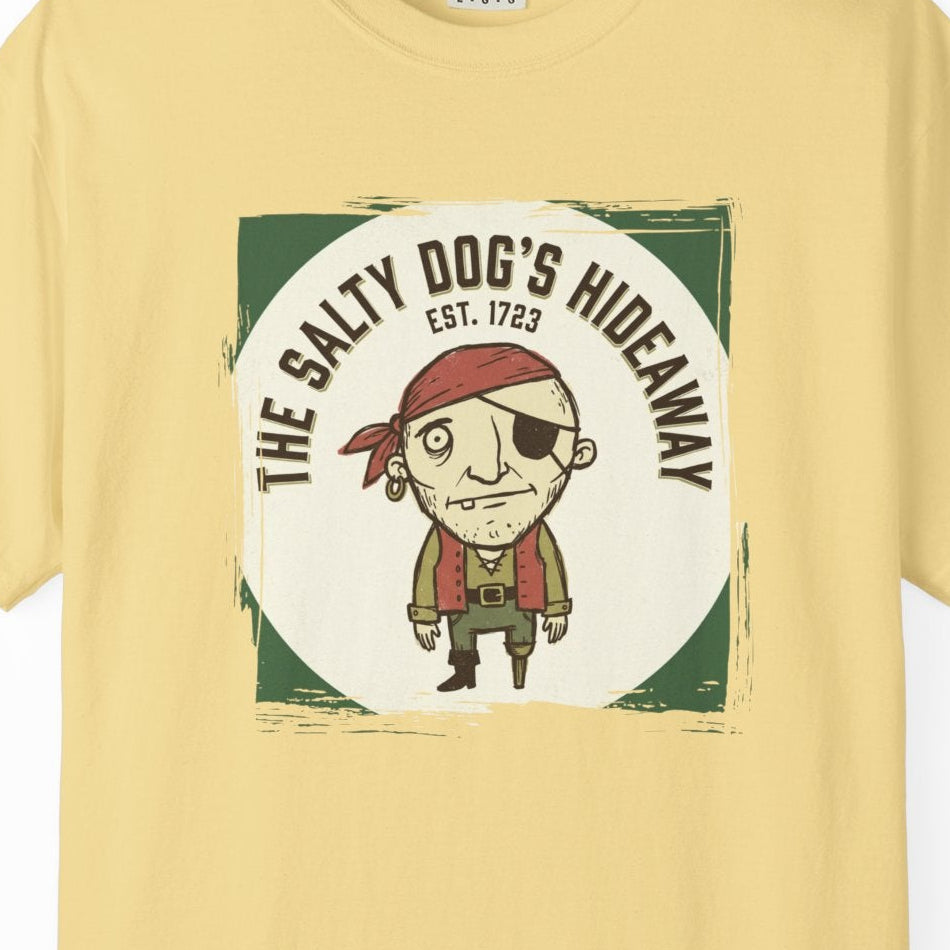 Yellow t-shirt with a graphic of a cartoon dog and text on a white background