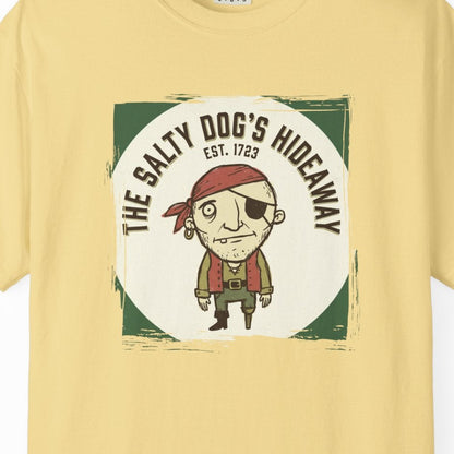 Yellow t-shirt with a graphic of a cartoon dog and text on a white background