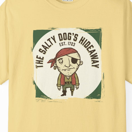 Yellow t-shirt with a graphic of a cartoon dog and text on a white background