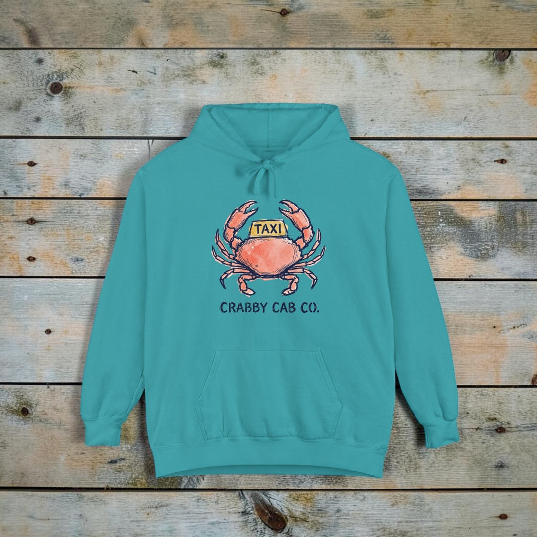 Teal hoodie with a crab graphic and &