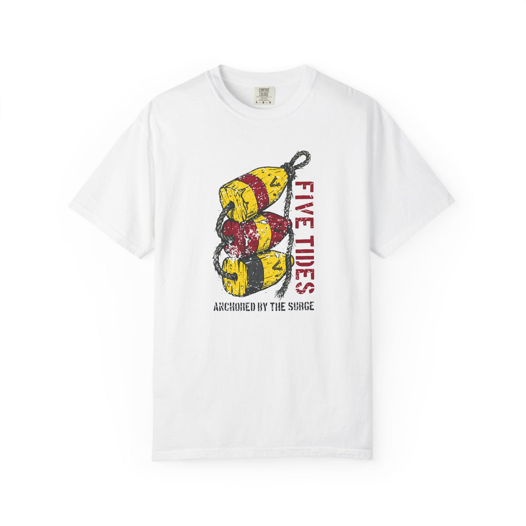 White t-shirt with a graphic design of buoys and text on a white background