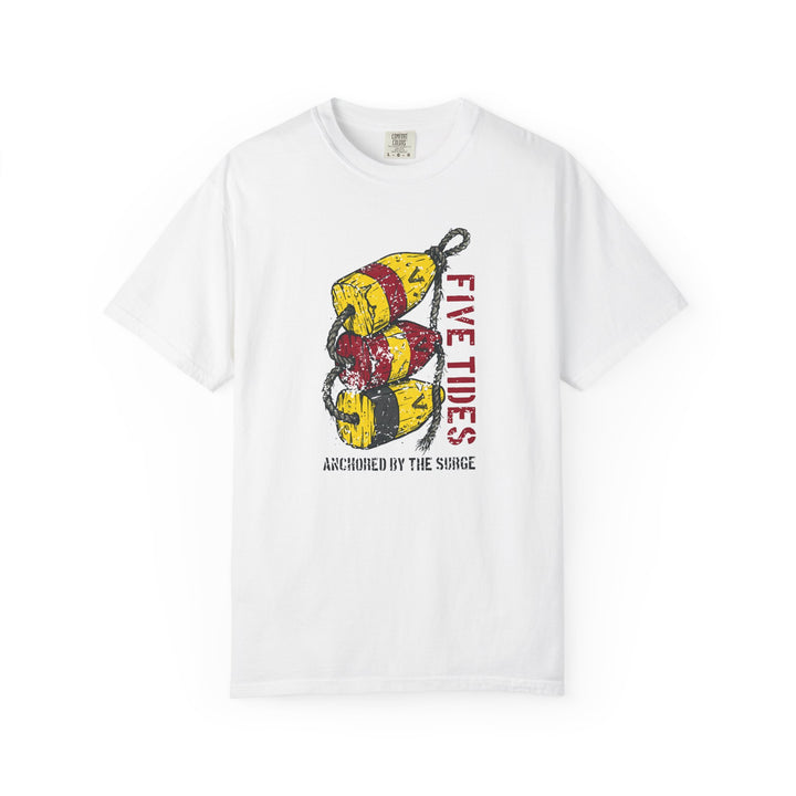 White t-shirt with a graphic design of buoys and text on a white background