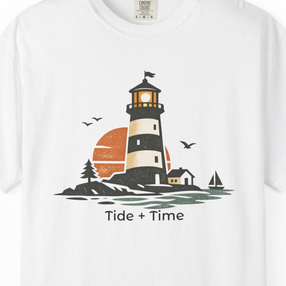 White t-shirt with a lighthouse graphic and 'Tide + Time' text on a white background