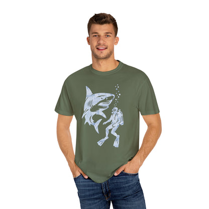 Shark Dive Unisex Garment-Dyed T-Shirt, Ocean Lover Gift, Adventure Enthusiast Shirt, Unique T-Shirt for Beach Days, Fun Diving Gift