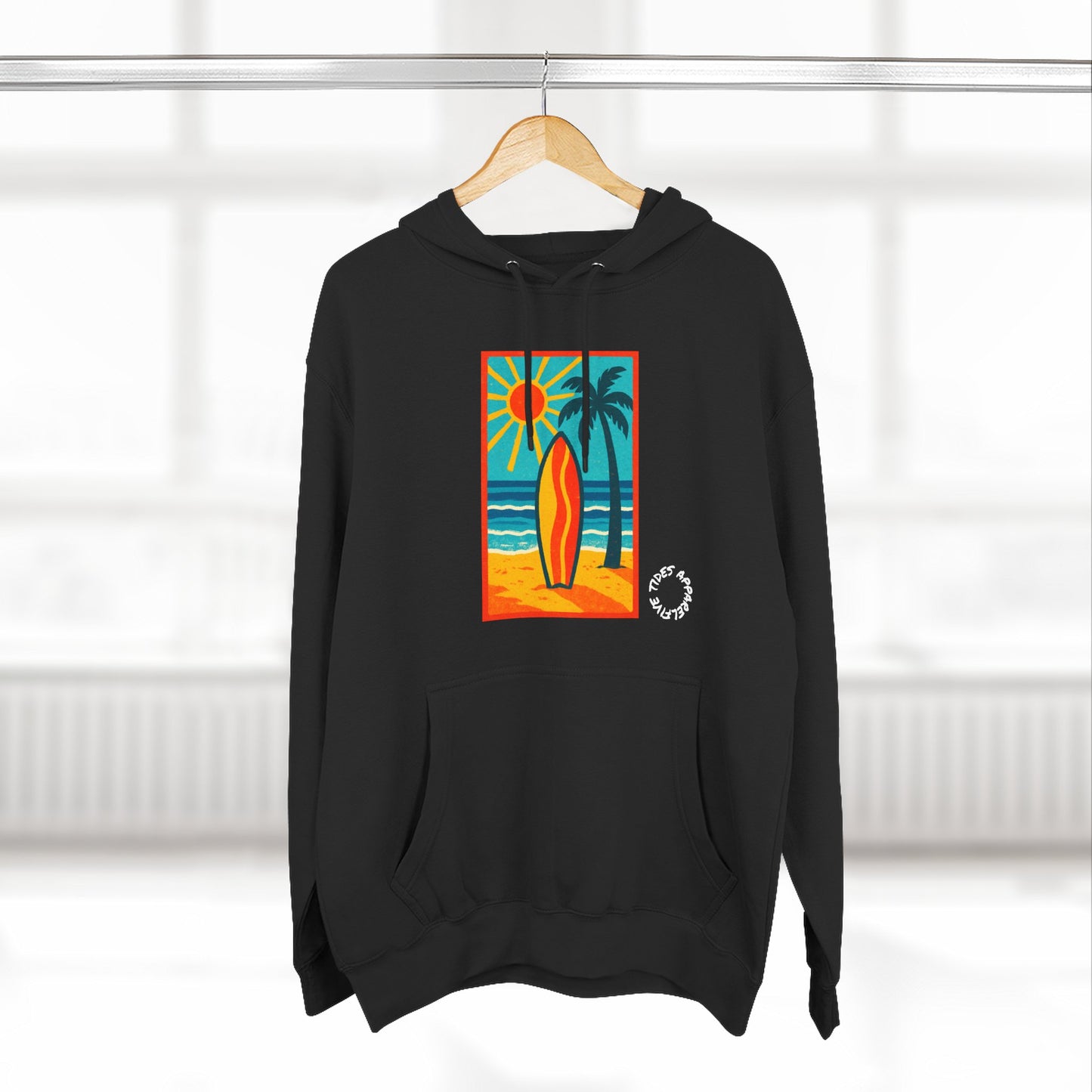 Tropic Surfboard Beach Hoodie — Colorful Coastal Sunset Graphic Pullover