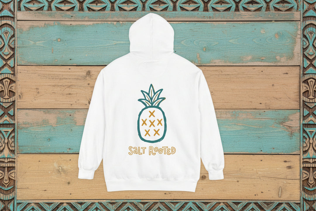 White hoodie with a pineapple graphic and &