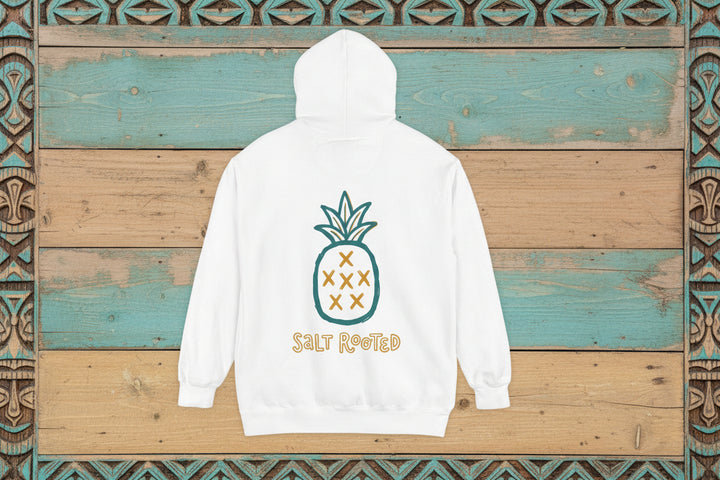 White hoodie with a pineapple graphic and &