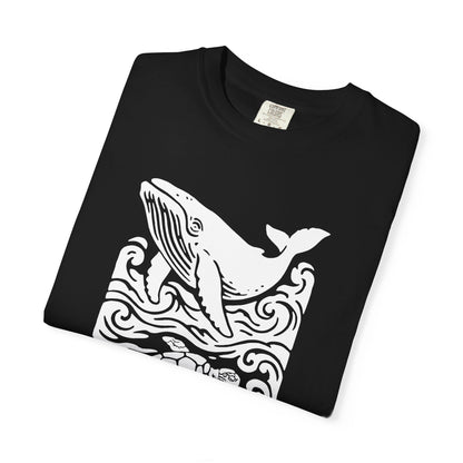 Ocean Life Garment-Dyed Graphic T-shirt - Whale & Turtle Design, Beachwear, Casual Style, Unisex Gift, Nature Lover Apparel