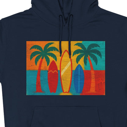Navy blue hoodie with a colorful graphic of surfboards and palm trees on a white background