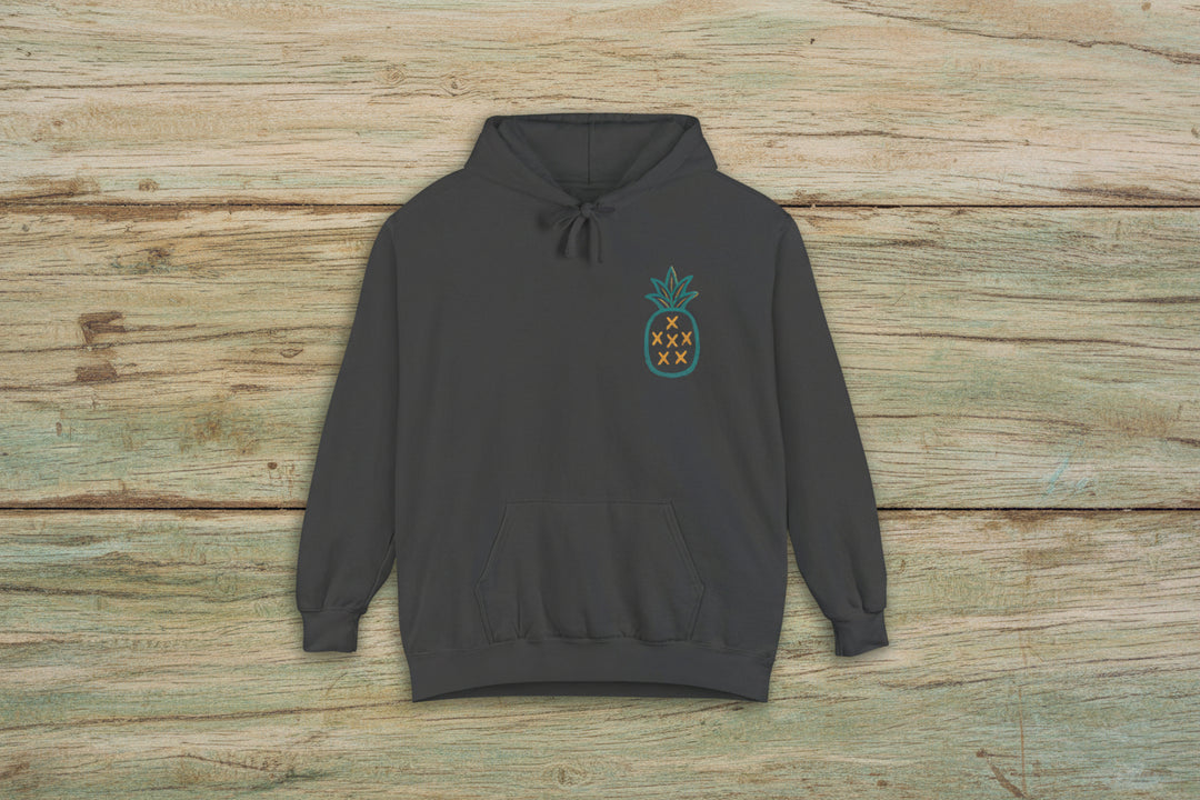 Dark gray hoodie with a pineapple design on a white background