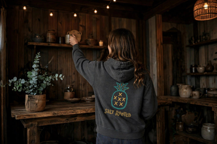 Salt Rooted Pineapple Hoodie — in the Five Tides room, female back