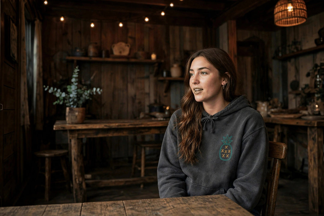 Salt Rooted Pineapple Hoodie — in the Five Tides room, female front