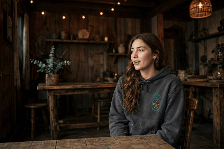 Salt Rooted Pineapple Hoodie — in the Five Tides room, female front