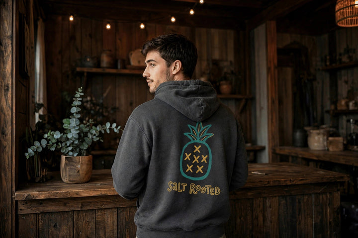 Salt Rooted Pineapple Hoodie — in the Five Tides room, male back