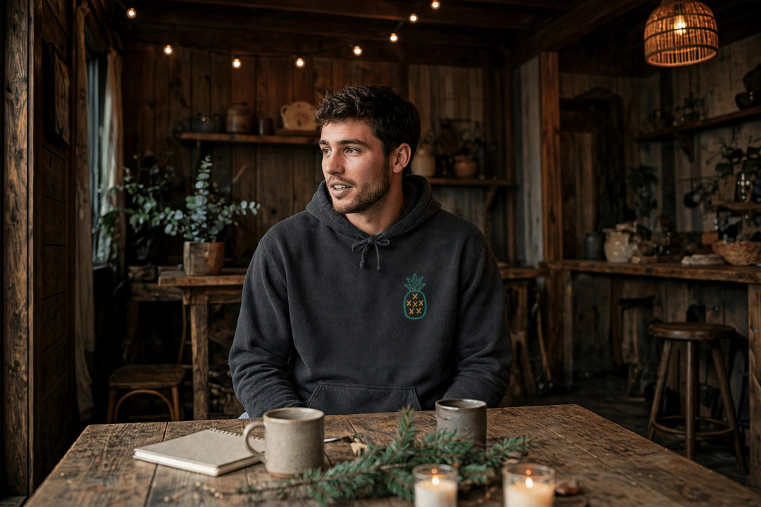 Salt Rooted Pineapple Hoodie — in the Five Tides room, male front