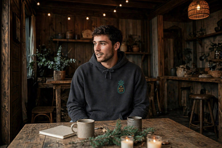 Salt Rooted Pineapple Hoodie — in the Five Tides room, male front