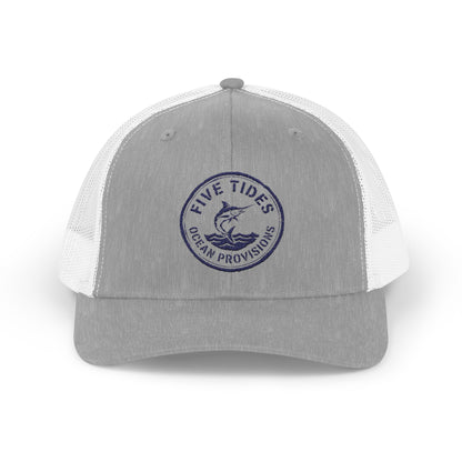 Five Tides Ocean Provisions Embroidered Snapback Hat - Swordfish Summer Trucker Style Cap