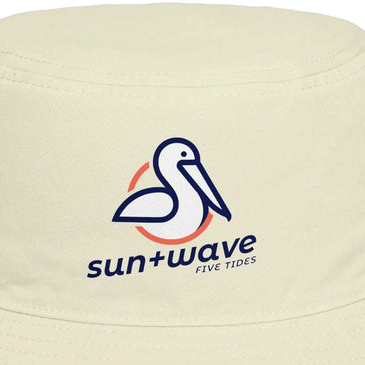 Beige bucket hat with a logo on a white background
