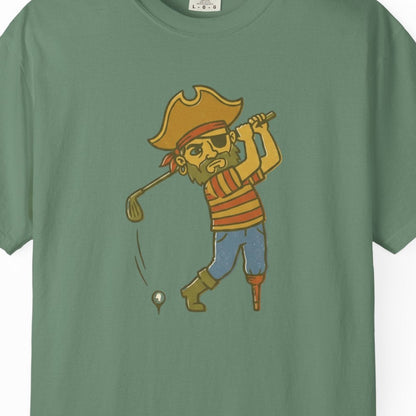 Green t-shirt with a graphic of a pirate playing golf on a white background