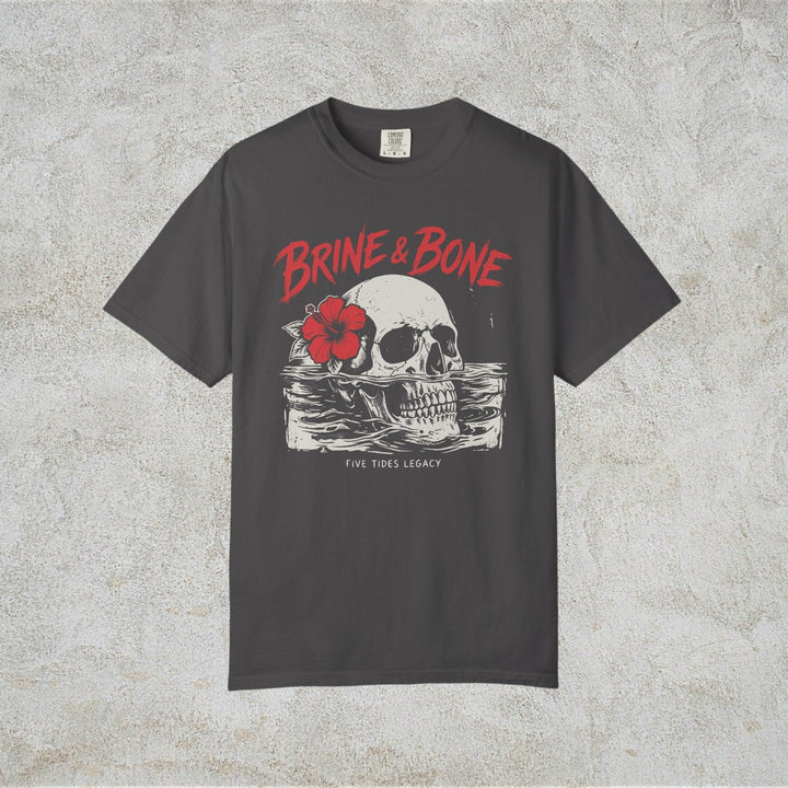 Gray t-shirt with skull and flower graphic and &