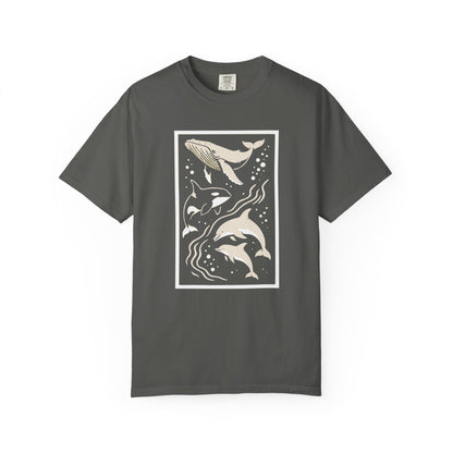 Ocean Life Garment-Dyed T-Shirt | Whale & Dolphin Design | Casual Beachwear, Gift for Ocean Lovers, Summer Outfit, Marine Life Tee