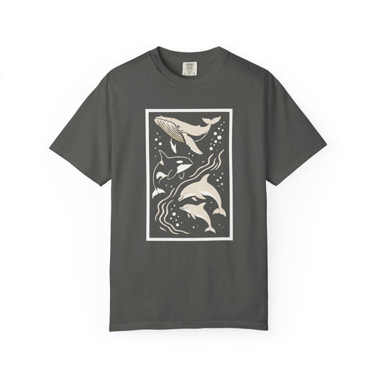 Ocean Life Garment-Dyed T-Shirt | Whale & Dolphin Design | Casual Beachwear, Gift for Ocean Lovers, Summer Outfit, Marine Life Tee