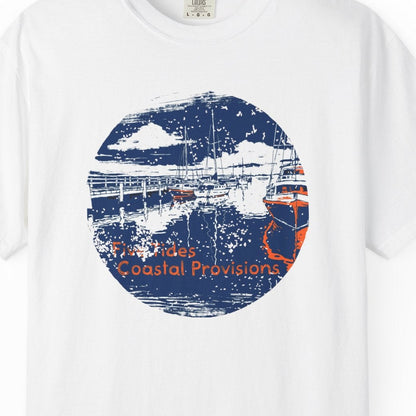 White t-shirt with a graphic design on a white background