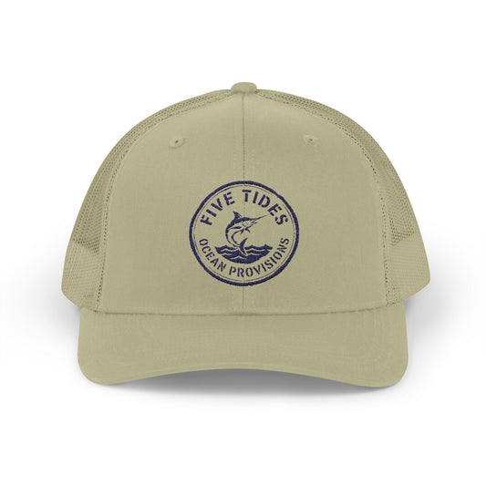 Five Tides Ocean Provisions Embroidered Snapback Hat - Swordfish Summer Trucker Style Cap