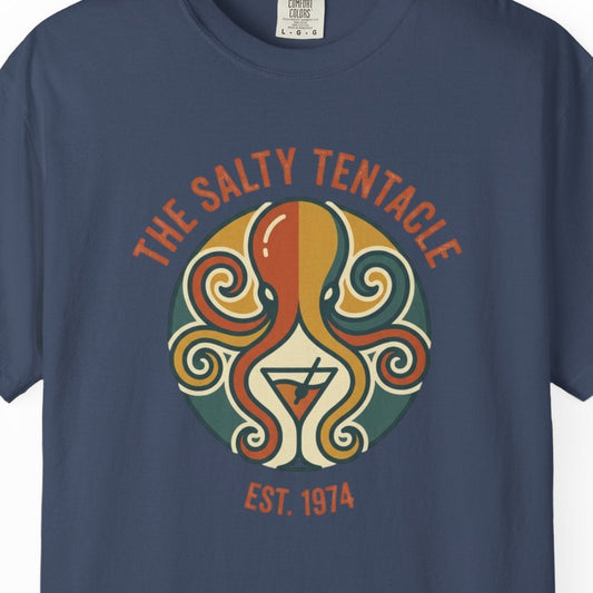 Navy blue t-shirt with a colorful octopus design and text on a white background