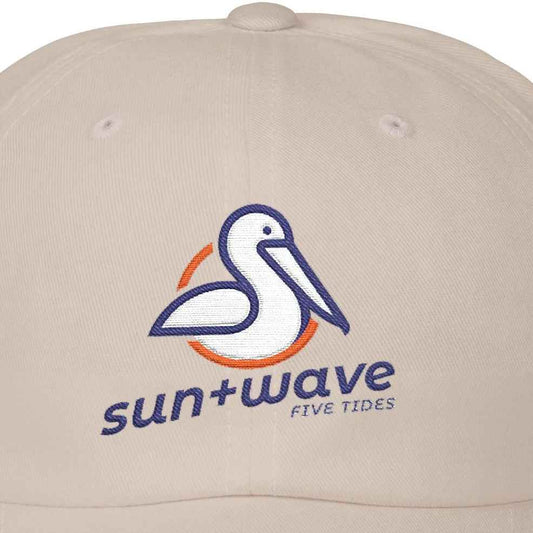 Beige cap with sun+wave logo on a white background