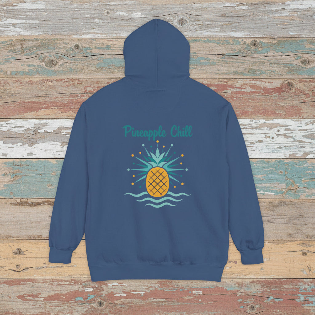 Blue hoodie with pineapple graphic and text on a white background