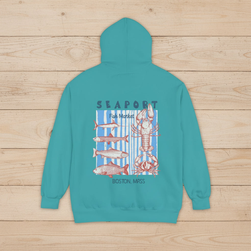 Teal hoodie with lobster and fish design on the back, featuring &