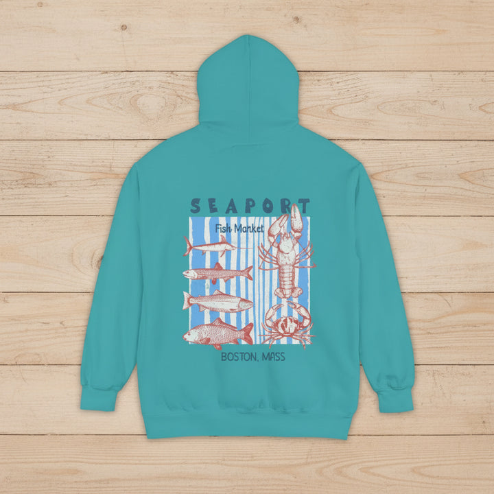 Teal hoodie with lobster and fish design on the back, featuring &