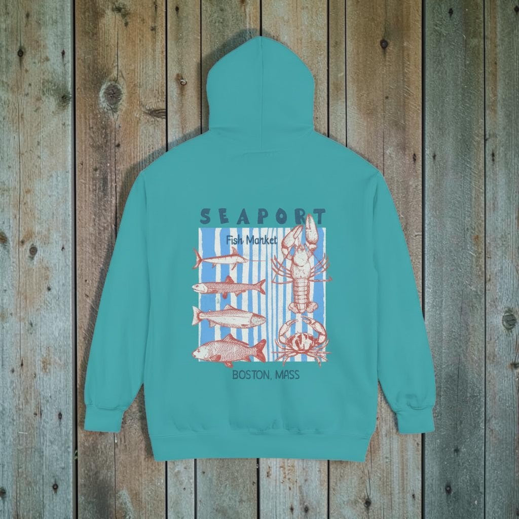 Teal hoodie with lobster and fish design on the back, featuring 'Seaport Fish Market Boston, Mass' text.