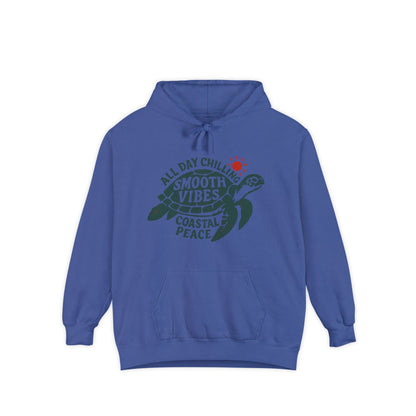Coastal Vibes Hoodie, Unisex Garment-Dyed Hoodie, Beach Hoodie, Chill Vibes Sweatshirt, Turtle Design Hoodie, Summer Style Pullover