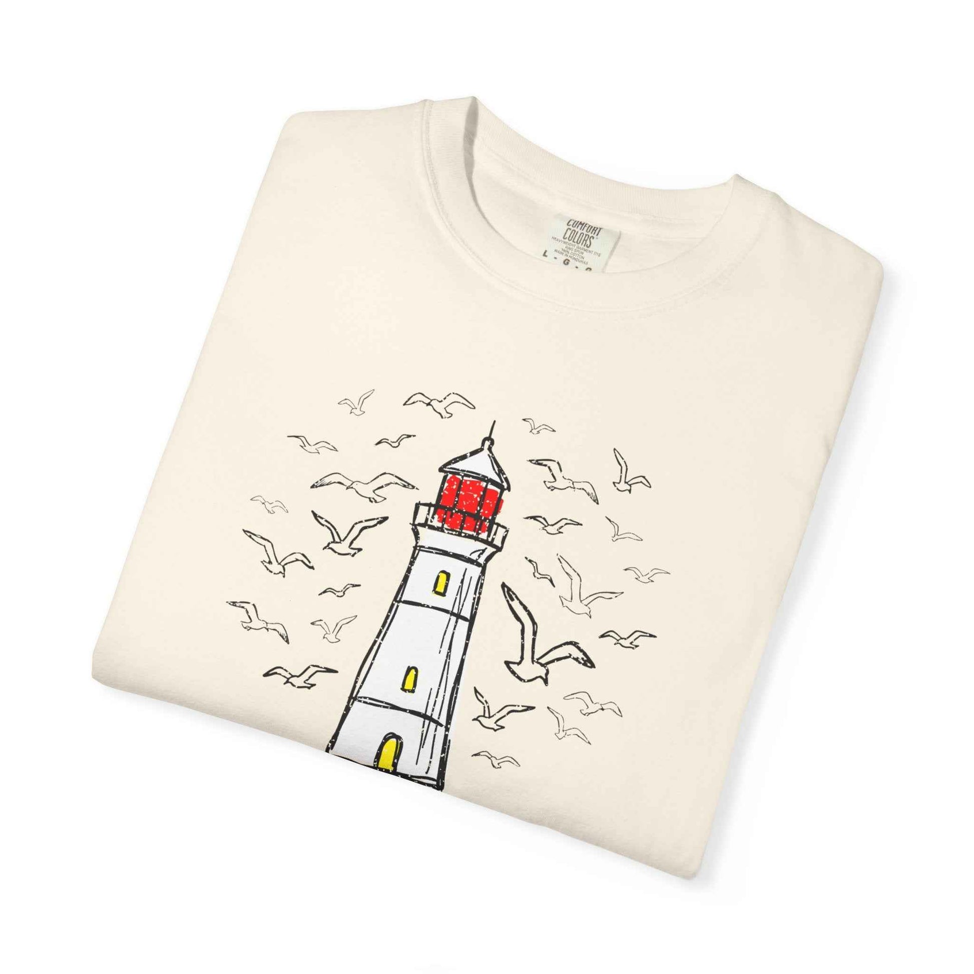 Coastal Calm Seabirds Lighthouse T‑Shirt, Beach Summer Stye Cotton Tee
