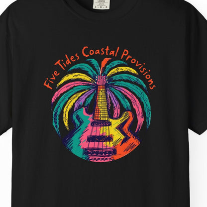 Guitar Palm Tree Graphic Art T‑Shirt - Five Tides Coastal Provisions Beach Vibe Cotton Tee