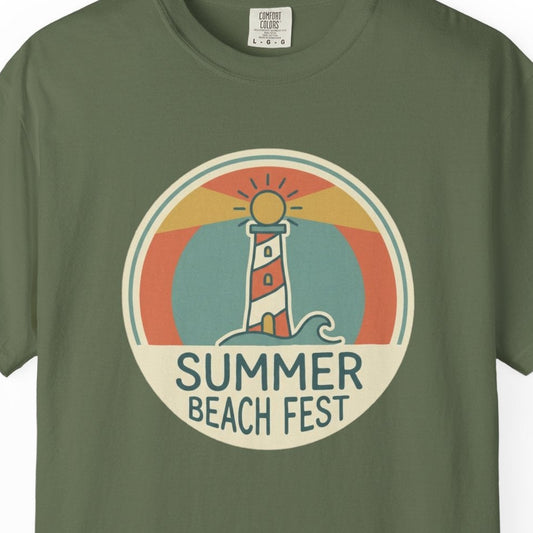 Green t-shirt with 'Summer Beach Fest' graphic design on a white background