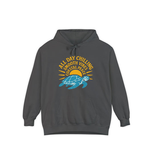 Chill Turtle Vibes Hoodie, Unisex Garment-Dyed Sweater, Beachwear, Summer Celebration Hoodie, Gift for Friends, Relaxation Apparel