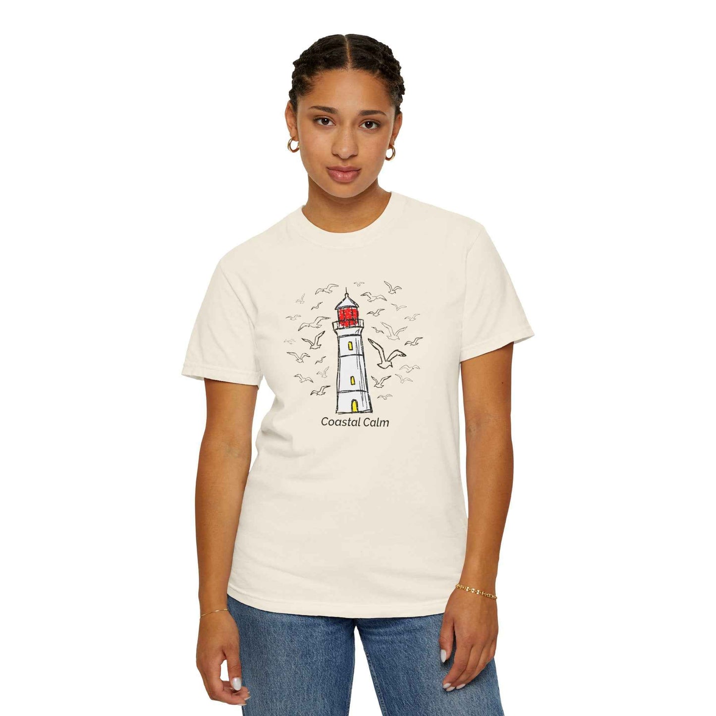 Coastal Calm Seabirds Lighthouse T‑Shirt, Beach Summer Stye Cotton Tee